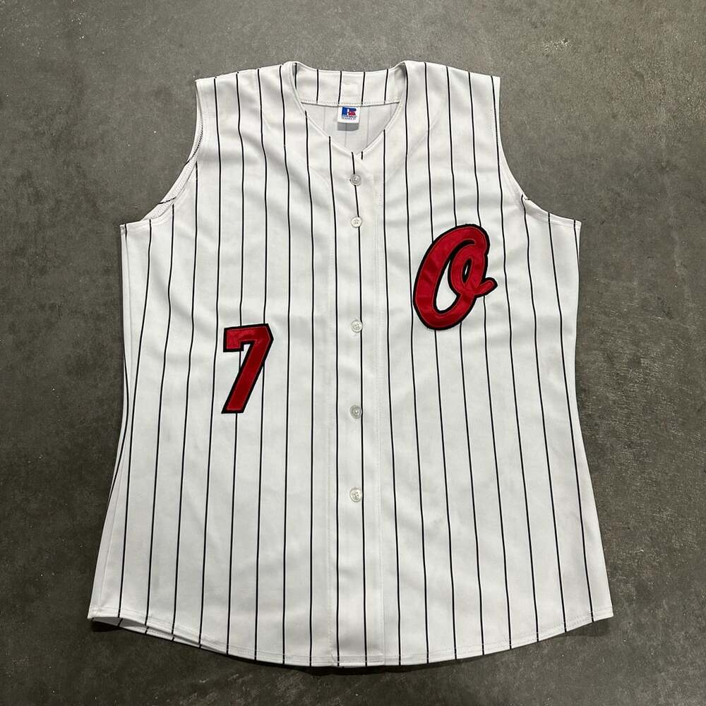Russell Athletic Vintage Pinstripe Sleeveless Button-Up Baseball Jersey Medium